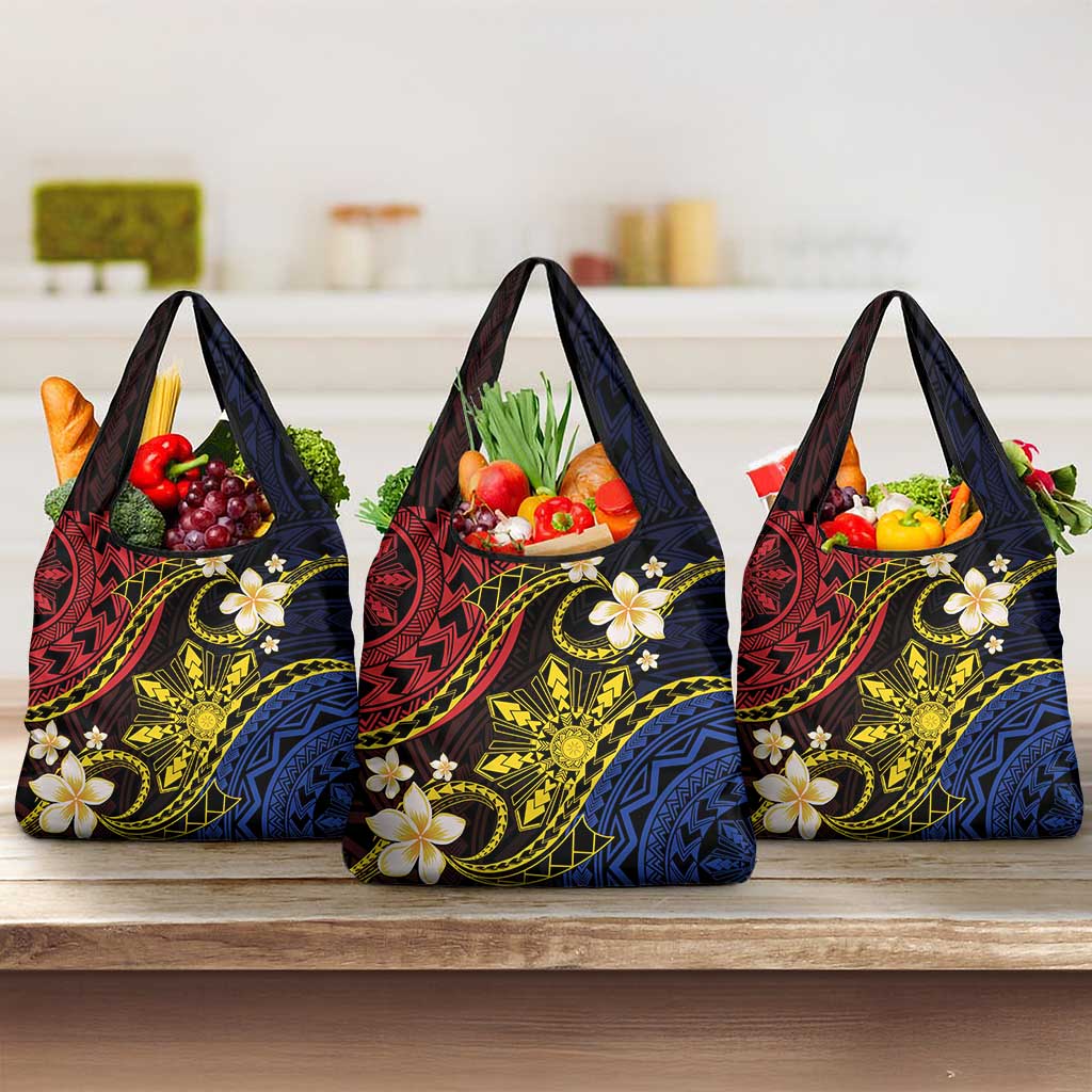 Philippines Spirit Tribal Sun Plumeria Grocery Bag Red And Blue Polynesian Pattern