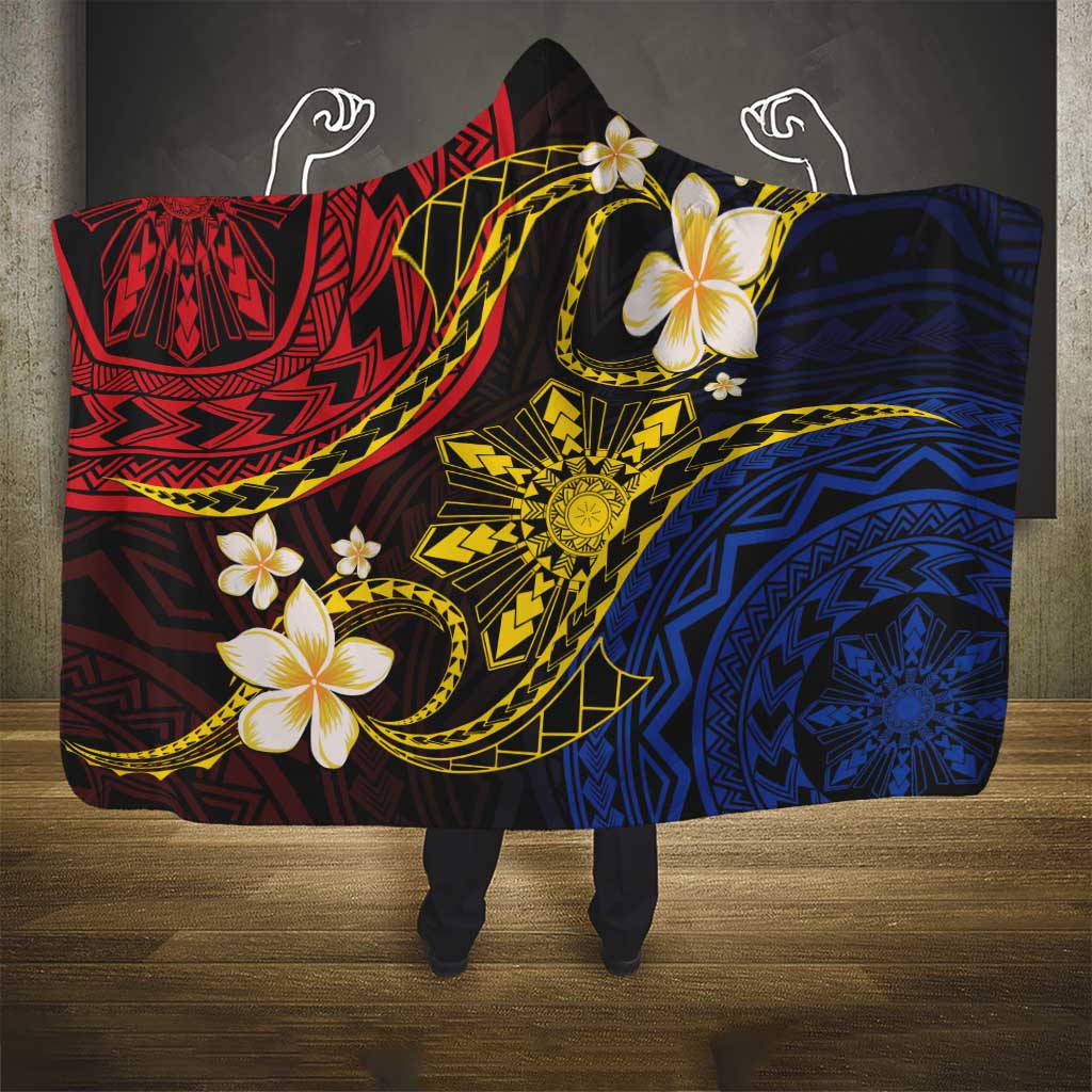 Philippines Spirit Tribal Sun Plumeria Hooded Blanket Red And Blue Polynesian Pattern
