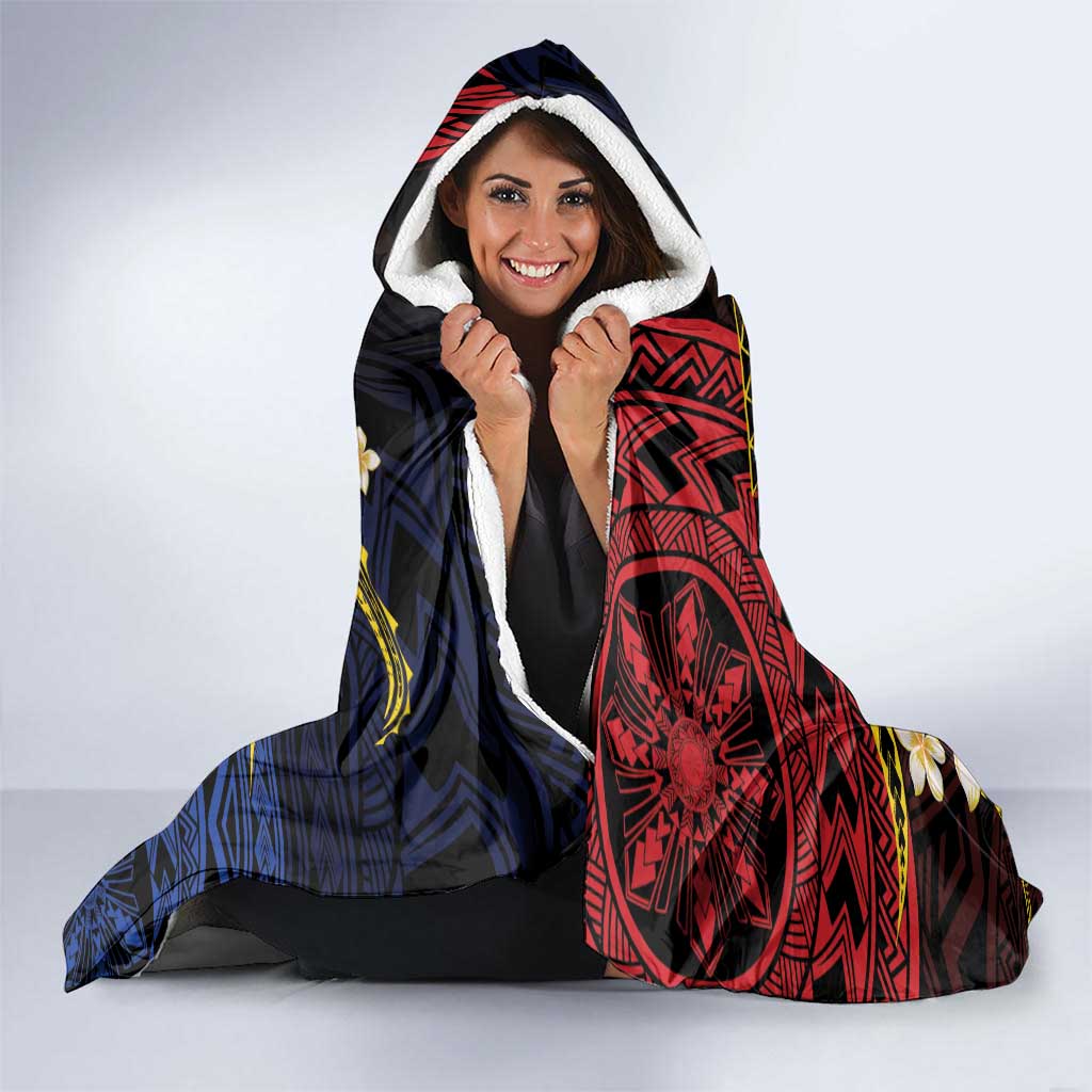Philippines Spirit Tribal Sun Plumeria Hooded Blanket Red And Blue Polynesian Pattern