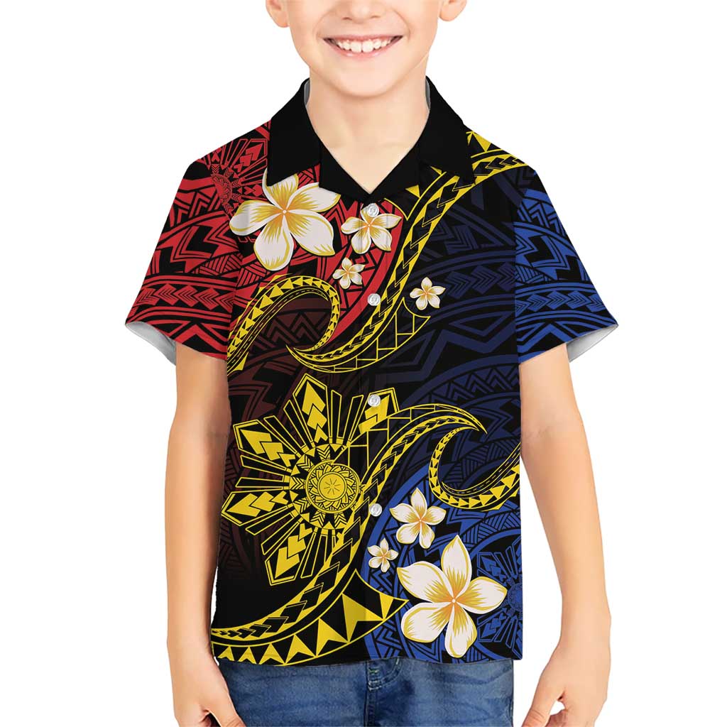 Philippines Spirit Tribal Sun Plumeria Kid Hawaiian Shirt Red And Blue Polynesian Pattern LT01 Kid Black - Polynesian Pride