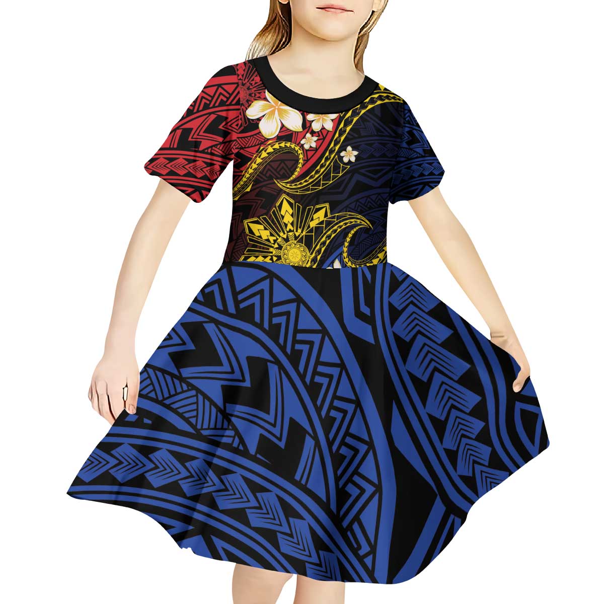 Philippines Spirit Tribal Sun Plumeria Kid Short Sleeve Dress Red And Blue Polynesian Pattern