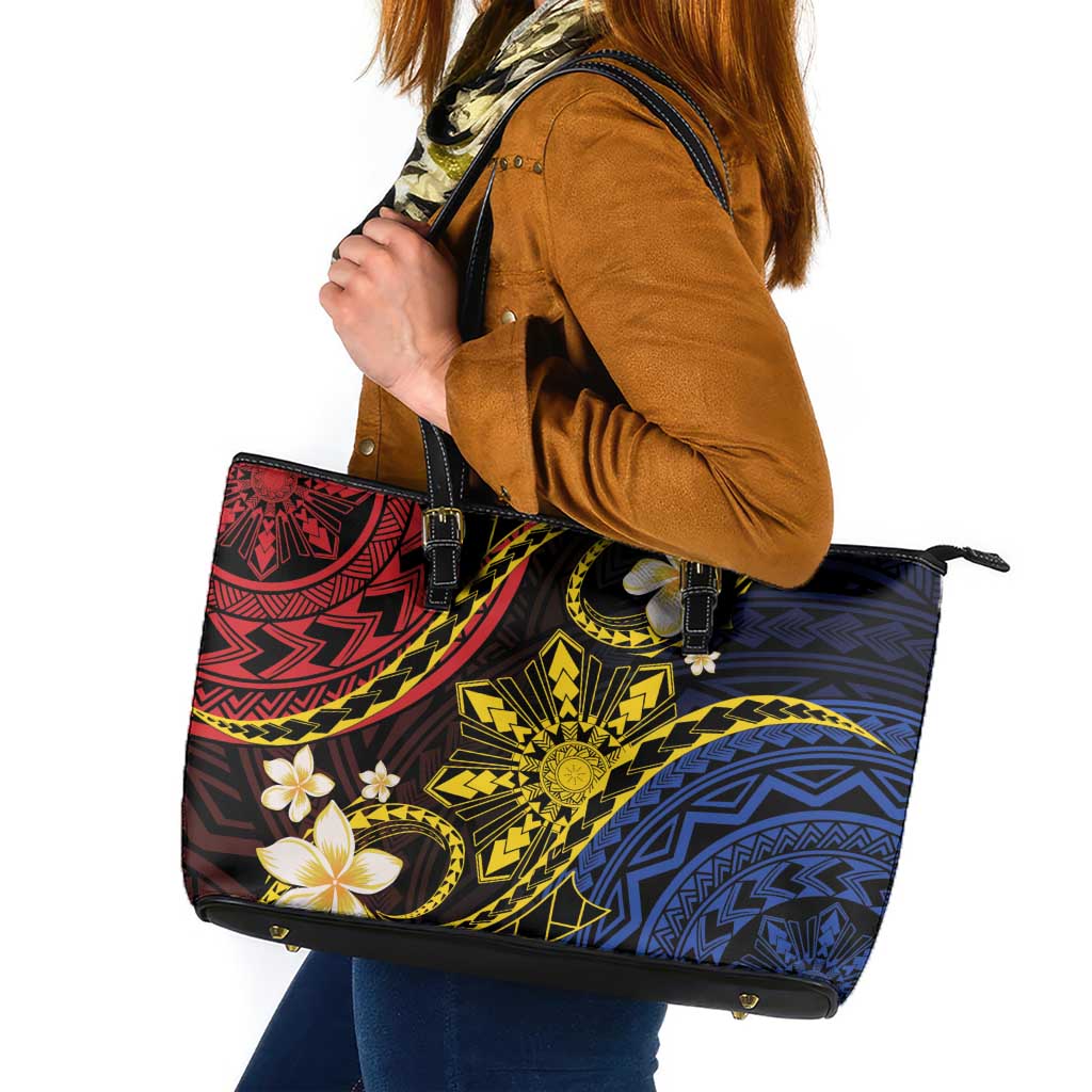 Philippines Spirit Tribal Sun Plumeria Leather Tote Bag Red And Blue Polynesian Pattern LT01 Black - Polynesian Pride