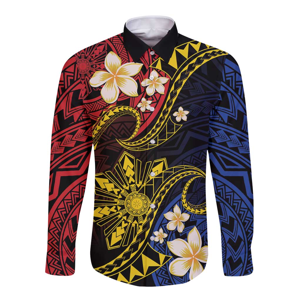 Philippines Spirit Tribal Sun Plumeria Long Sleeve Button Shirt Red And Blue Polynesian Pattern LT01 Unisex Black - Polynesian Pride