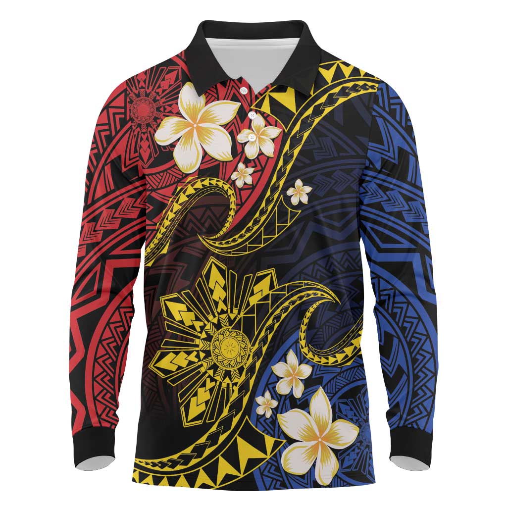 Philippines Spirit Tribal Sun Plumeria Long Sleeve Polo Shirt Red And Blue Polynesian Pattern LT01 Black - Polynesian Pride
