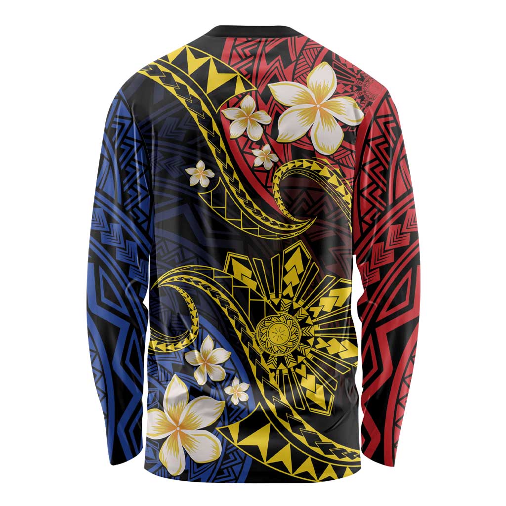 Philippines Spirit Tribal Sun Plumeria Long Sleeve Shirt Red And Blue Polynesian Pattern