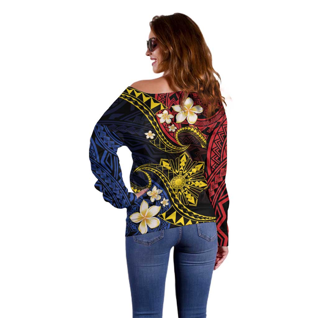 Philippines Spirit Tribal Sun Plumeria Off Shoulder Sweater Red And Blue Polynesian Pattern