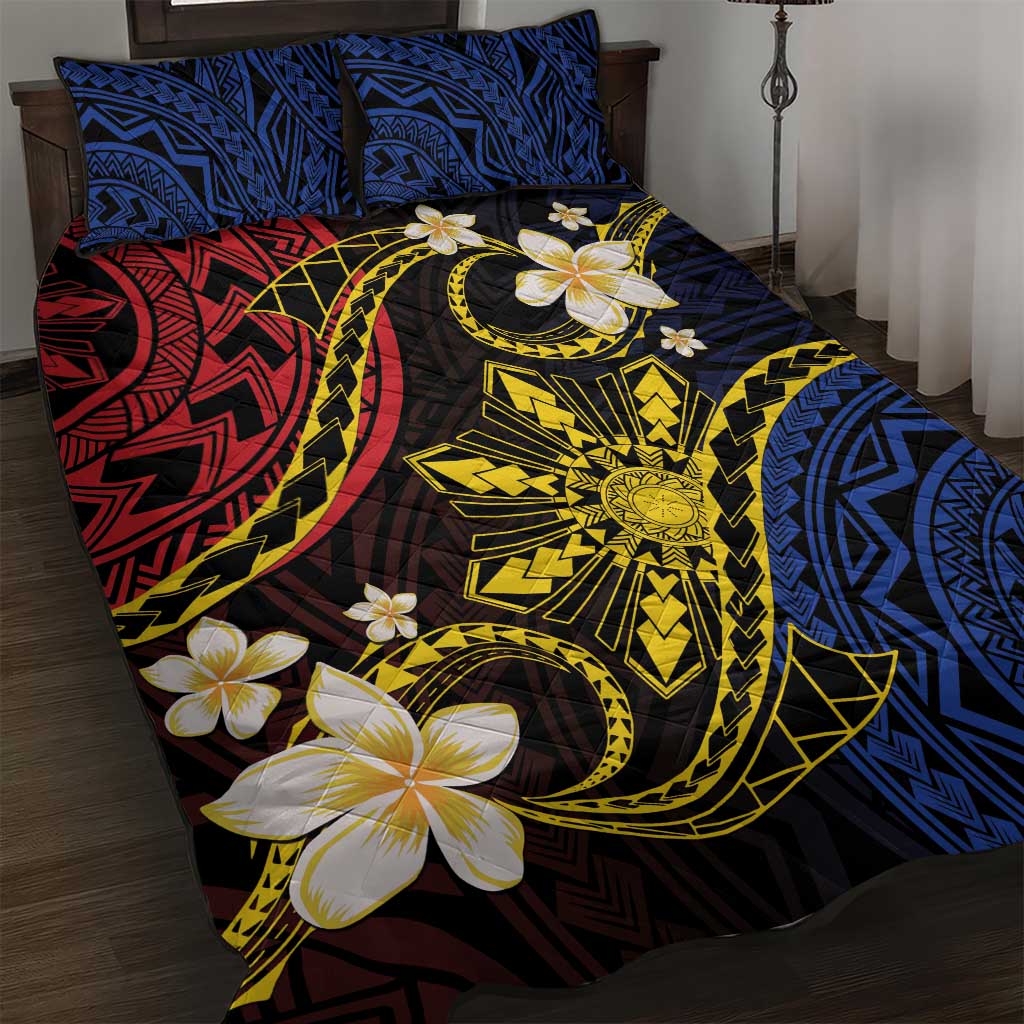 Philippines Spirit Tribal Sun Plumeria Quilt Bed Set Red And Blue Polynesian Pattern