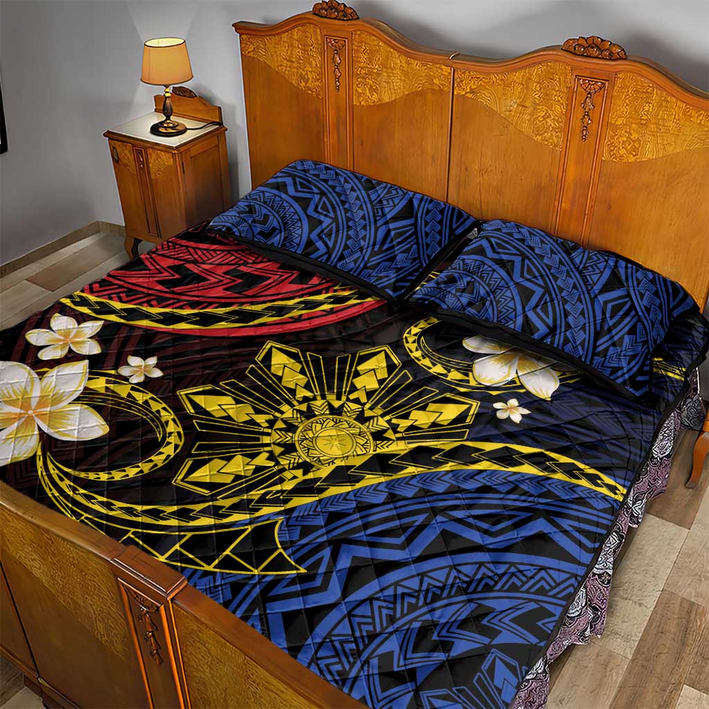 Philippines Spirit Tribal Sun Plumeria Quilt Bed Set Red And Blue Polynesian Pattern