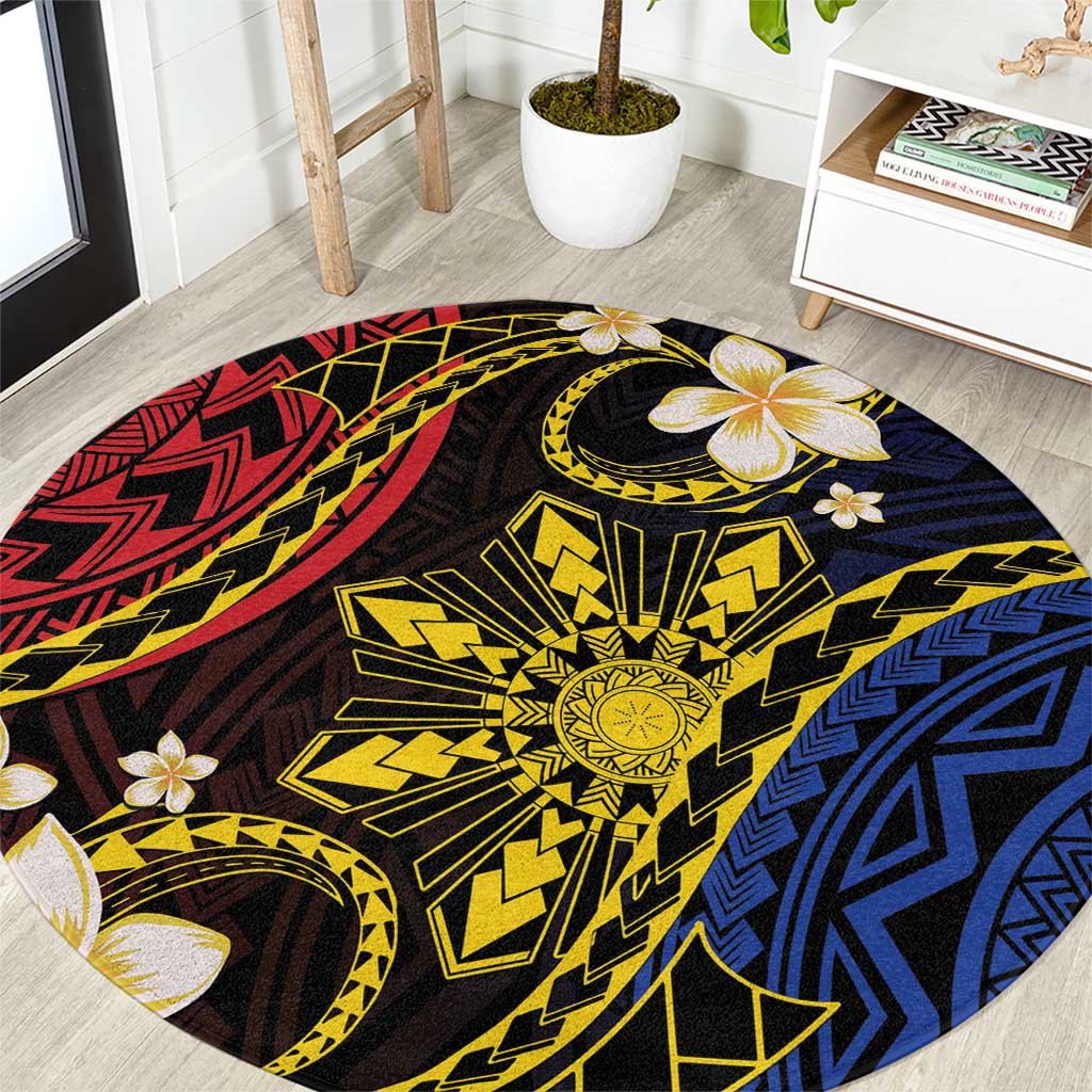 Philippines Spirit Tribal Sun Plumeria Round Carpet Red And Blue Polynesian Pattern LT01 Black - Polynesian Pride