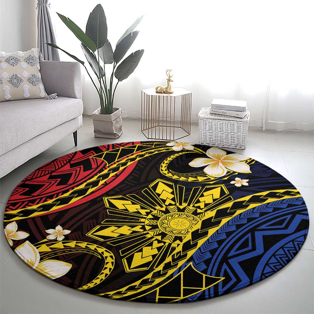 Philippines Spirit Tribal Sun Plumeria Round Carpet Red And Blue Polynesian Pattern