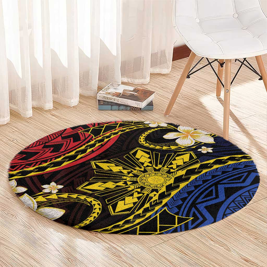 Philippines Spirit Tribal Sun Plumeria Round Carpet Red And Blue Polynesian Pattern