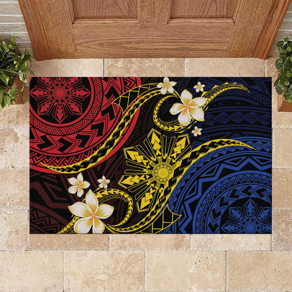 Philippines Spirit Tribal Sun Plumeria Rubber Doormat Red And Blue Polynesian Pattern LT01 Black - Polynesian Pride