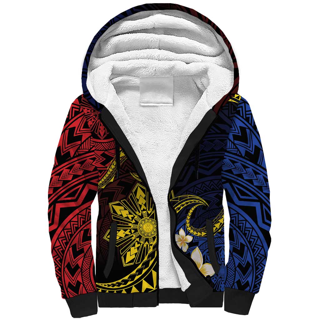 Philippines Spirit Tribal Sun Plumeria Sherpa Hoodie Red And Blue Polynesian Pattern LT01 Unisex Black - Polynesian Pride