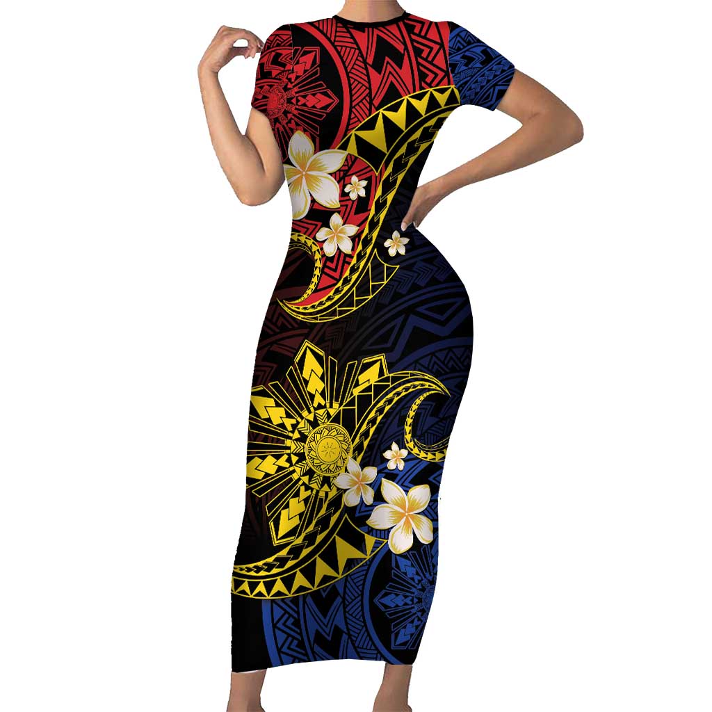 Philippines Spirit Tribal Sun Plumeria Short Sleeve Bodycon Dress Red And Blue Polynesian Pattern