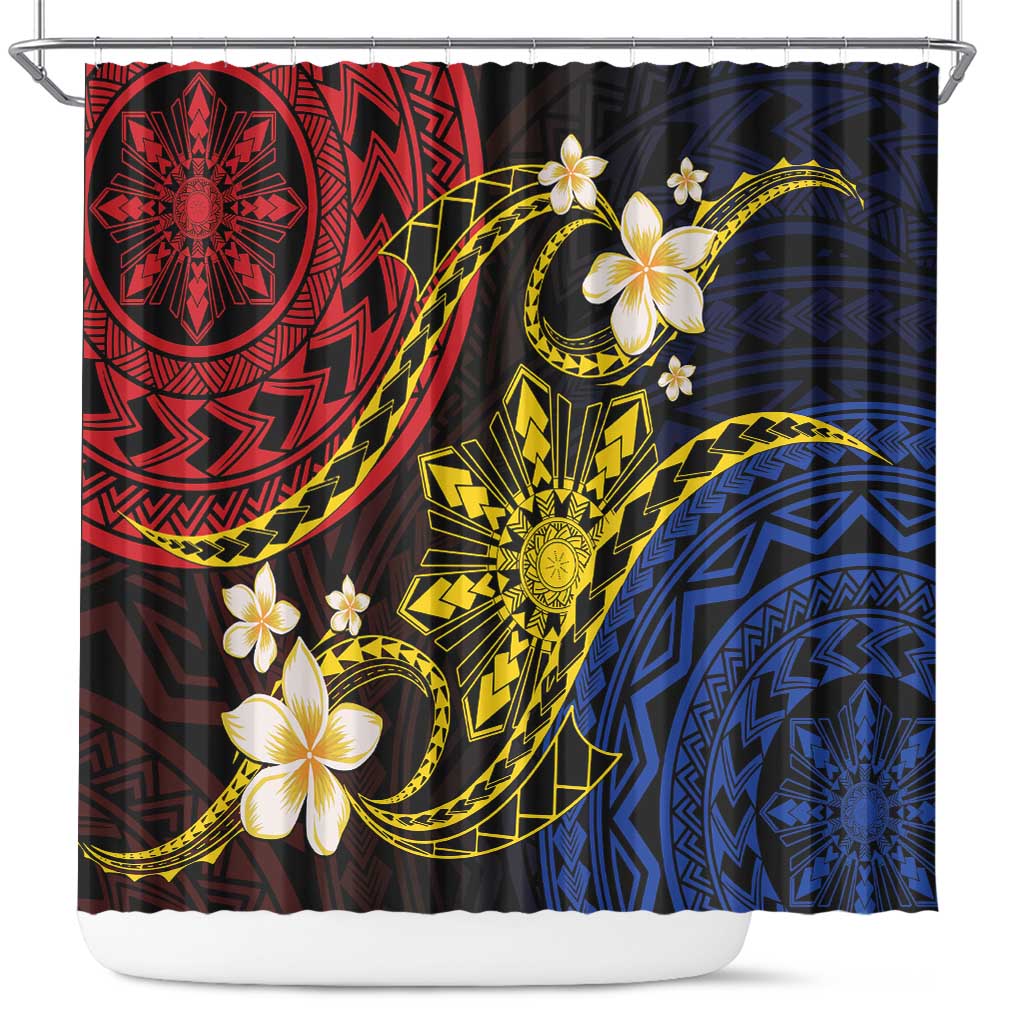 Philippines Spirit Tribal Sun Plumeria Shower Curtain Red And Blue Polynesian Pattern LT01 Black - Polynesian Pride