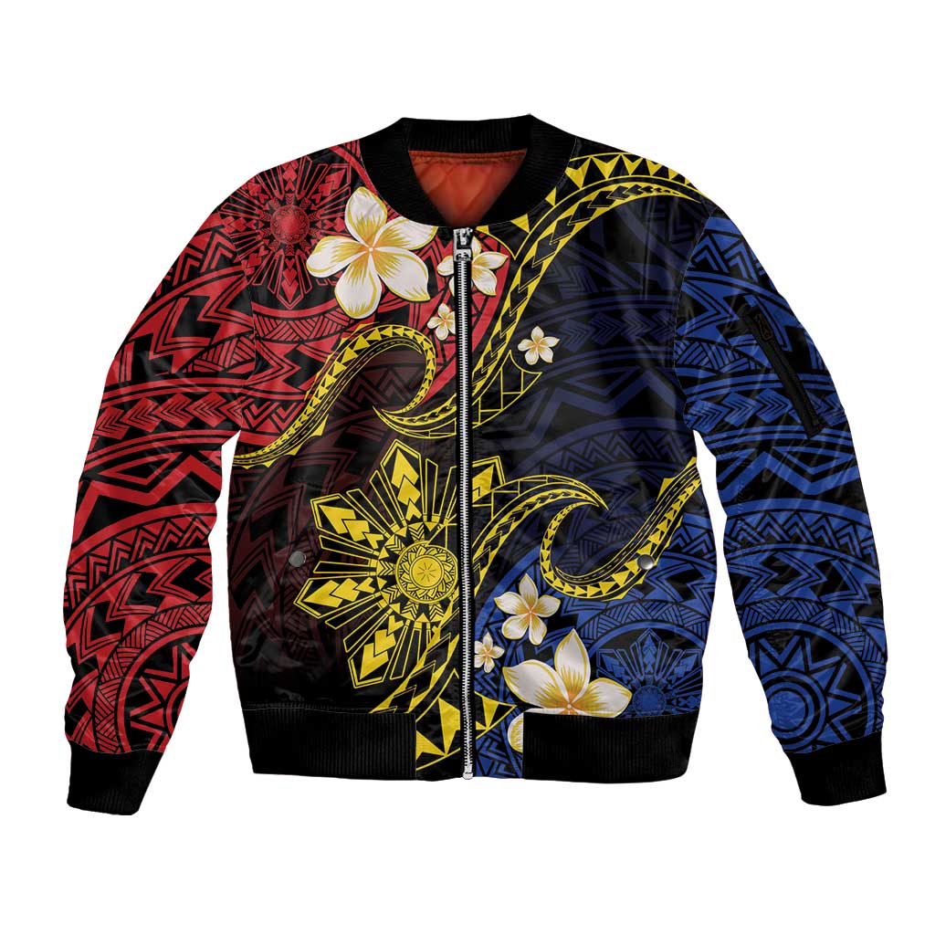 Philippines Spirit Tribal Sun Plumeria Sleeve Zip Bomber Jacket Red And Blue Polynesian Pattern LT01 Unisex Black - Polynesian Pride