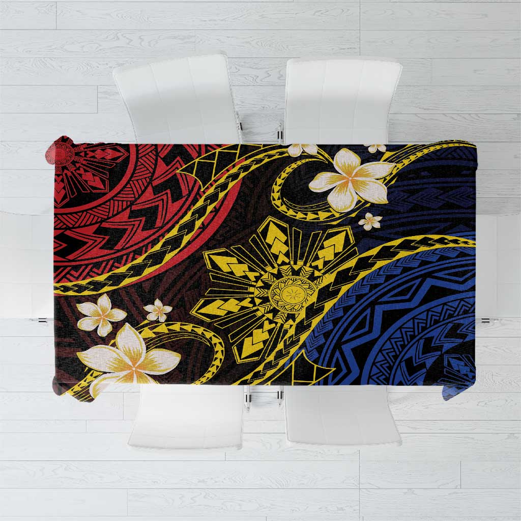Philippines Spirit Tribal Sun Plumeria Tablecloth Red And Blue Polynesian Pattern