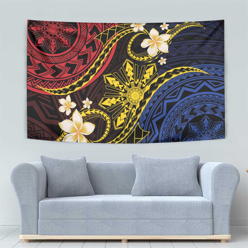 Philippines Spirit Tribal Sun Plumeria Tapestry Red And Blue Polynesian Pattern