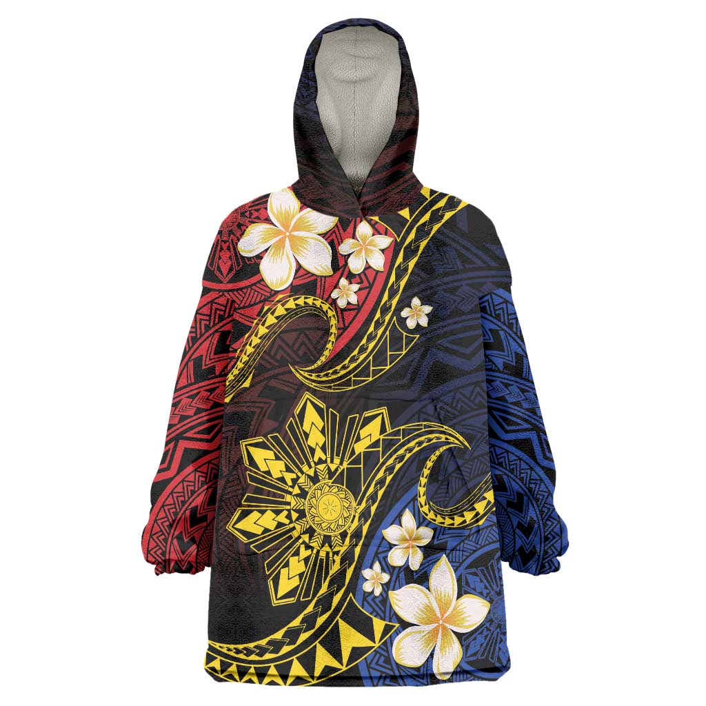 Philippines Spirit Tribal Sun Plumeria Wearable Blanket Hoodie Red And Blue Polynesian Pattern LT01 One Size Black - Polynesian Pride