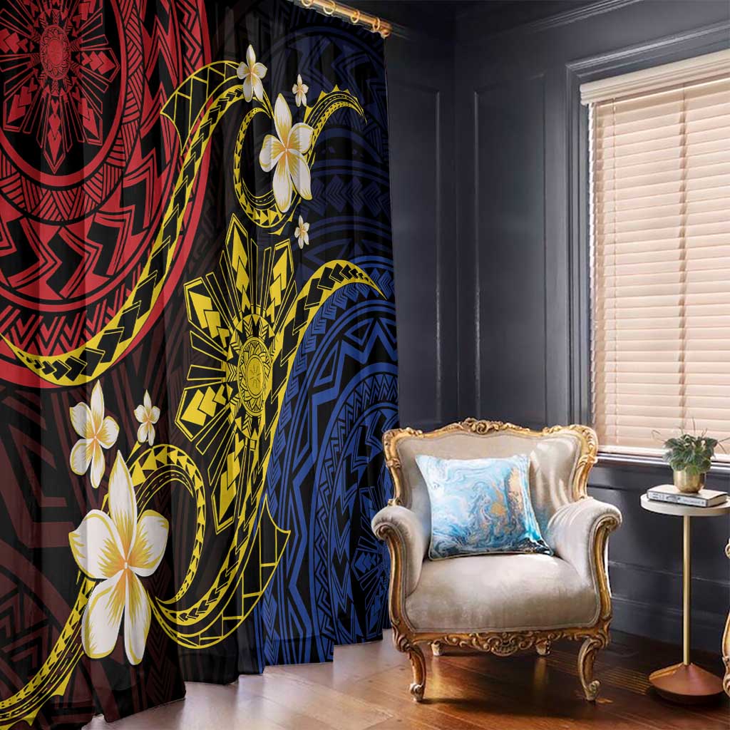 Philippines Spirit Tribal Sun Plumeria Window Curtain Red And Blue Polynesian Pattern