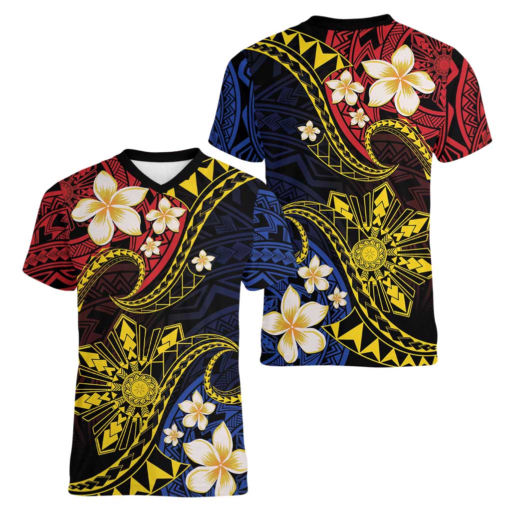 Philippines Spirit Tribal Sun Plumeria Women V-Neck T-Shirt Red And Blue Polynesian Pattern