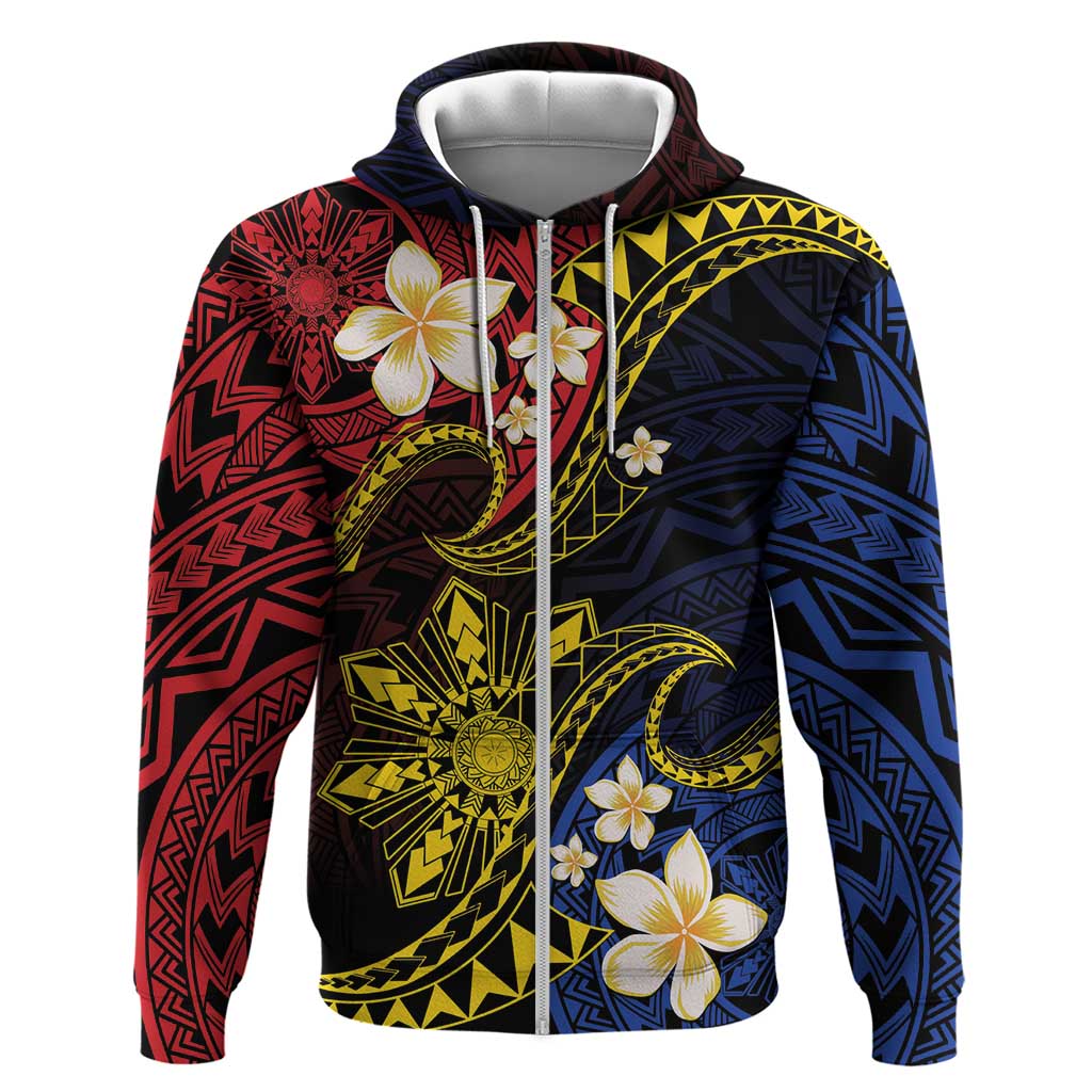 Philippines Spirit Tribal Sun Plumeria Zip Hoodie Red And Blue Polynesian Pattern LT01 Zip Hoodie Black - Polynesian Pride