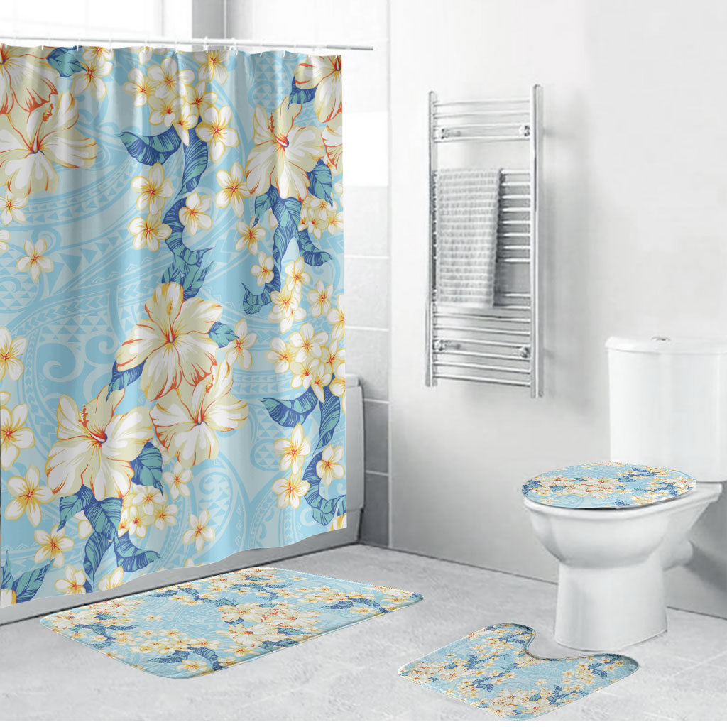 Hawaii Hibiscus Plumeria Blue Bathroom Set Polynesian Pattern