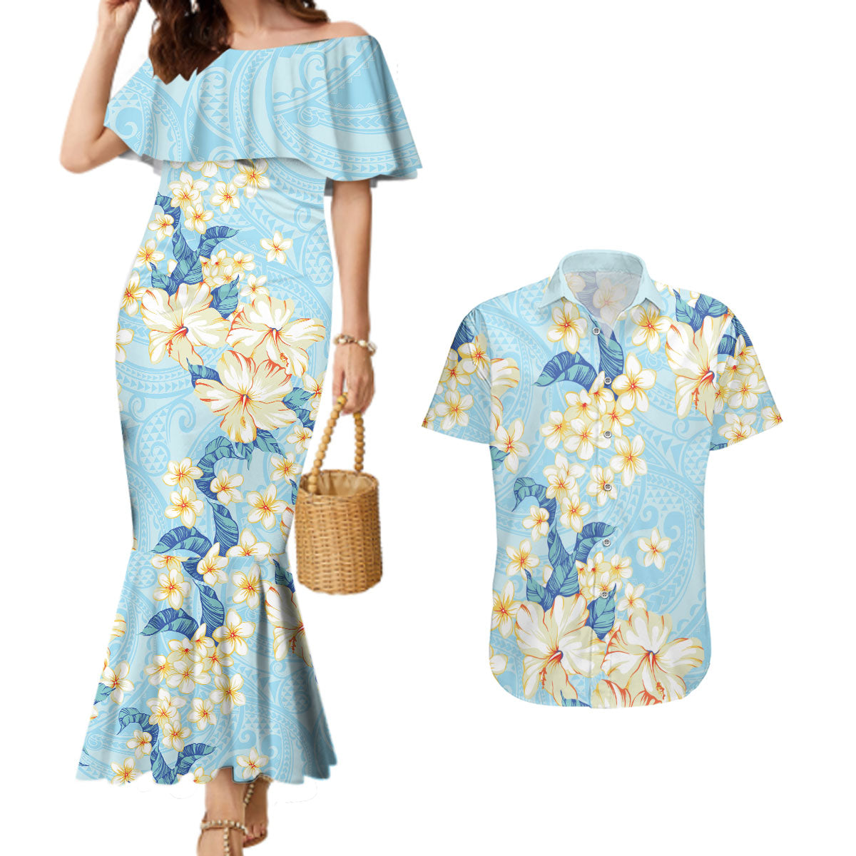 Hawaii Hibiscus Plumeria Blue Couples Matching Mermaid Dress and Hawaiian Shirt Polynesian Pattern LT01 Blue - Polynesian Pride