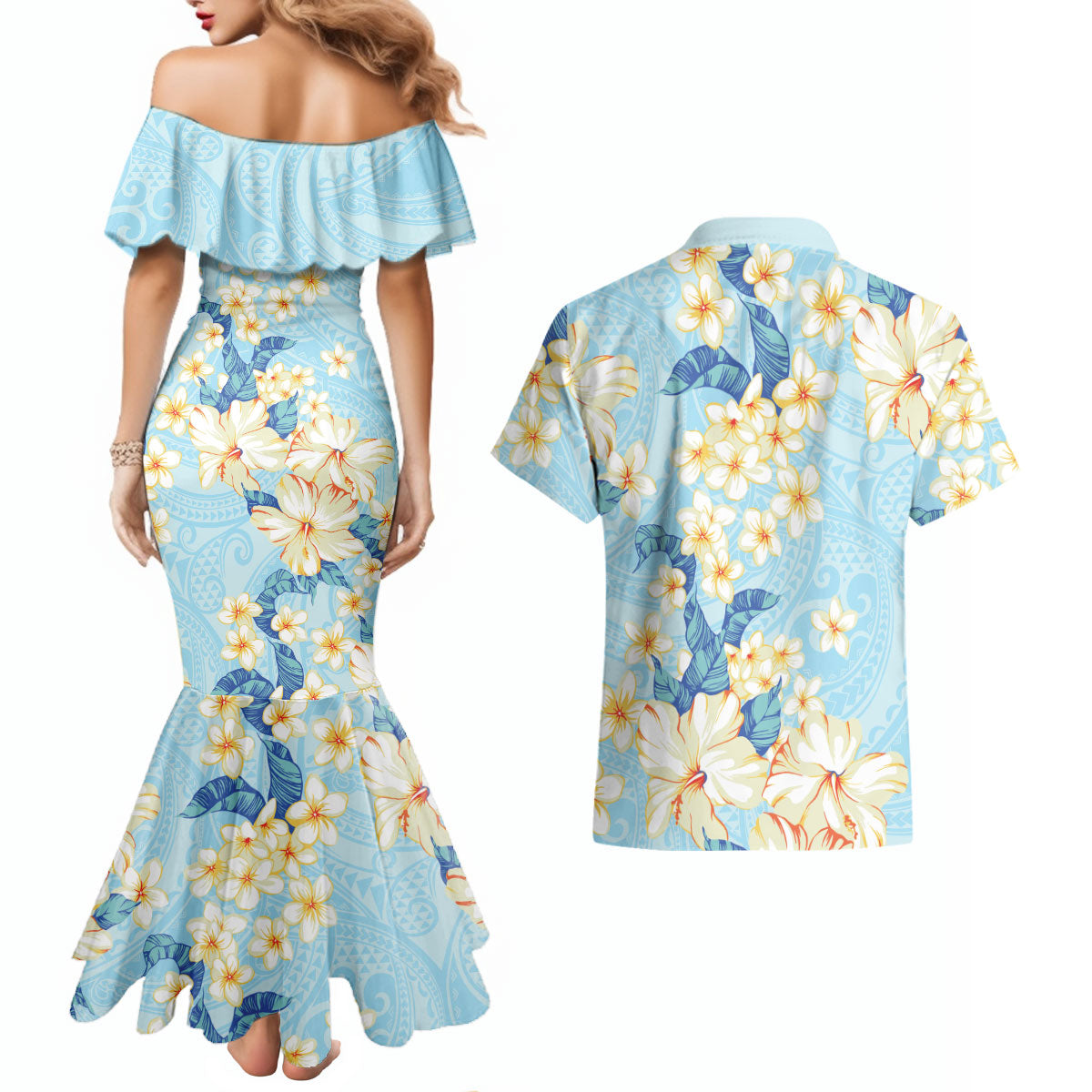 Hawaii Hibiscus Plumeria Blue Couples Matching Mermaid Dress and Hawaiian Shirt Polynesian Pattern LT01 - Polynesian Pride