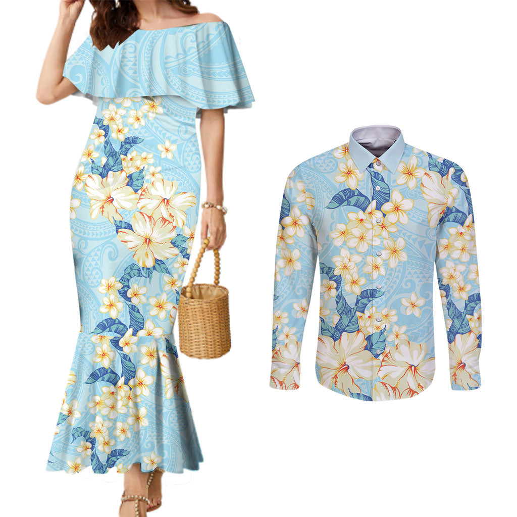 Hawaii Hibiscus Plumeria Blue Couples Matching Mermaid Dress and Long Sleeve Button Shirt Polynesian Pattern