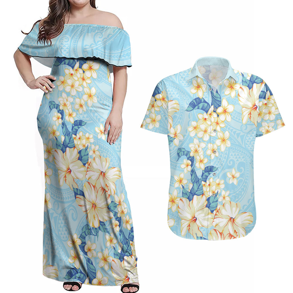 Hawaii Hibiscus Plumeria Blue Couples Matching Off Shoulder Maxi Dress and Hawaiian Shirt Polynesian Pattern LT01 Blue - Polynesian Pride