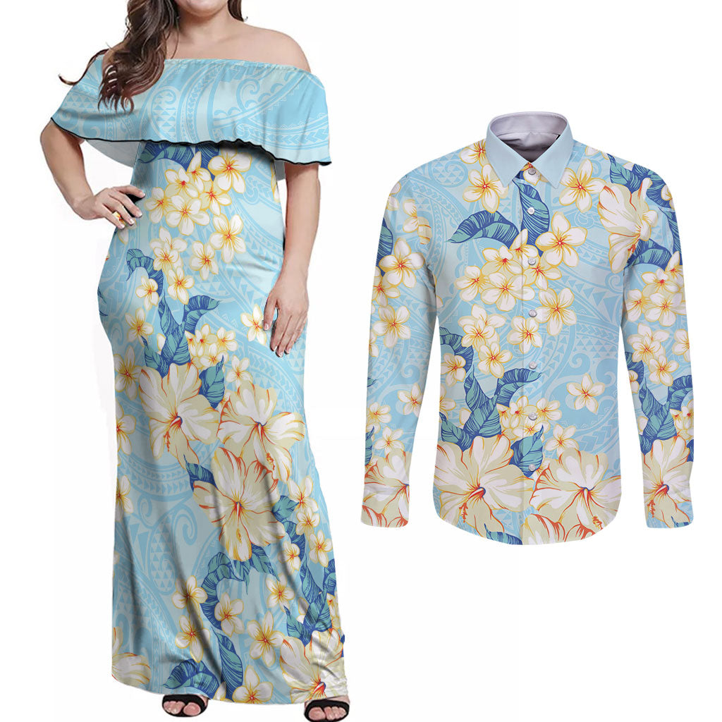 Hawaii Hibiscus Plumeria Blue Couples Matching Off Shoulder Maxi Dress and Long Sleeve Button Shirt Polynesian Pattern LT01 Blue - Polynesian Pride