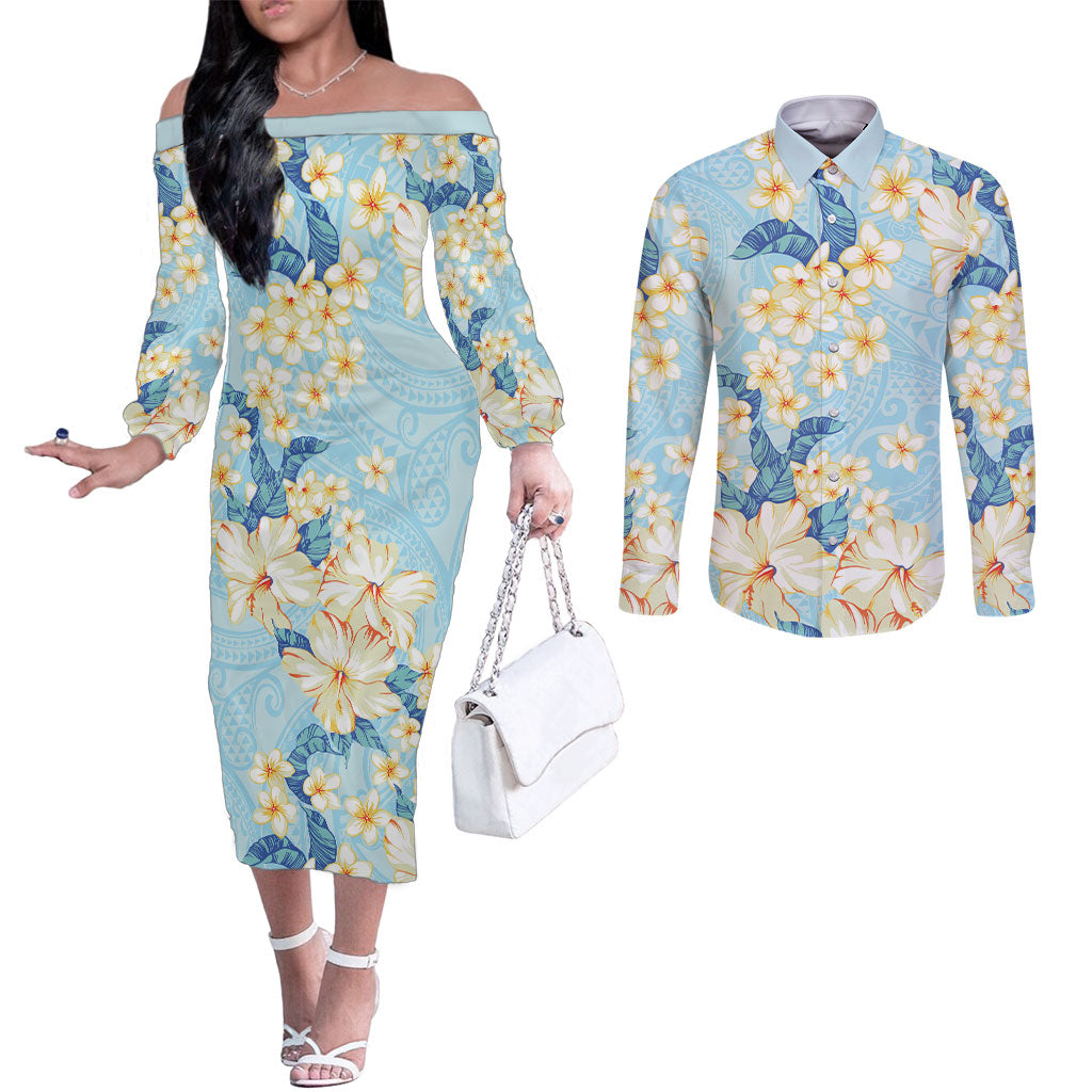 Hawaii Hibiscus Plumeria Blue Couples Matching Off The Shoulder Long Sleeve Dress and Long Sleeve Button Shirt Polynesian Pattern