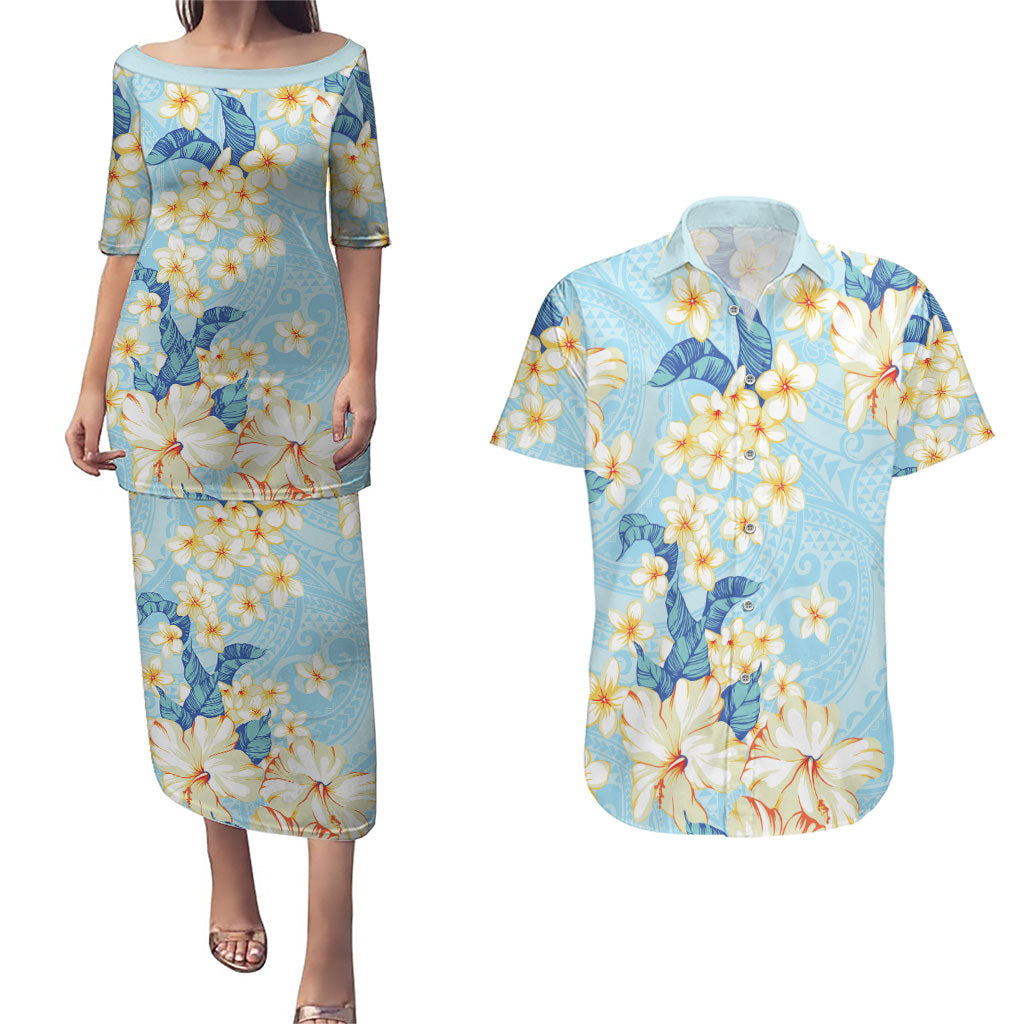 Hawaii Hibiscus Plumeria Blue Couples Matching Puletasi and Hawaiian Shirt Polynesian Pattern LT01 Blue - Polynesian Pride