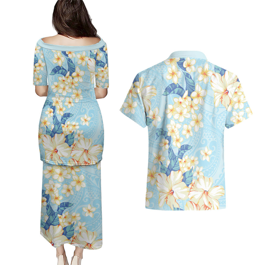 Hawaii Hibiscus Plumeria Blue Couples Matching Puletasi and Hawaiian Shirt Polynesian Pattern LT01 - Polynesian Pride