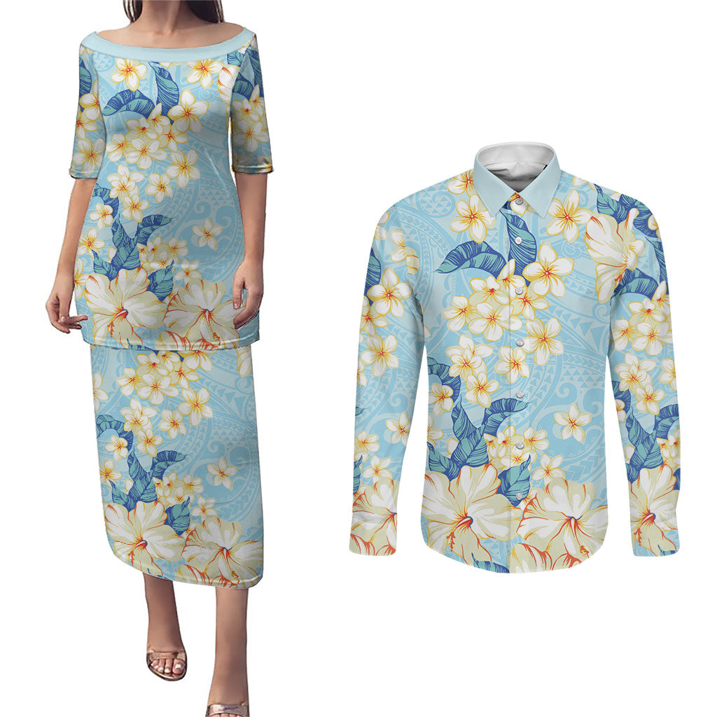 Hawaii Hibiscus Plumeria Blue Couples Matching Puletasi and Long Sleeve Button Shirt Polynesian Pattern LT01 Blue - Polynesian Pride
