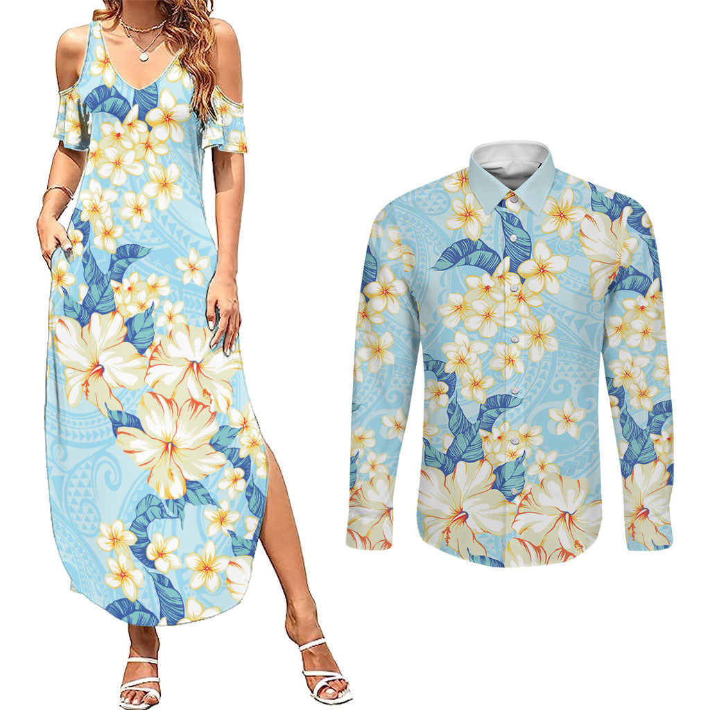 Hawaii Hibiscus Plumeria Blue Couples Matching Summer Maxi Dress and Long Sleeve Button Shirt Polynesian Pattern