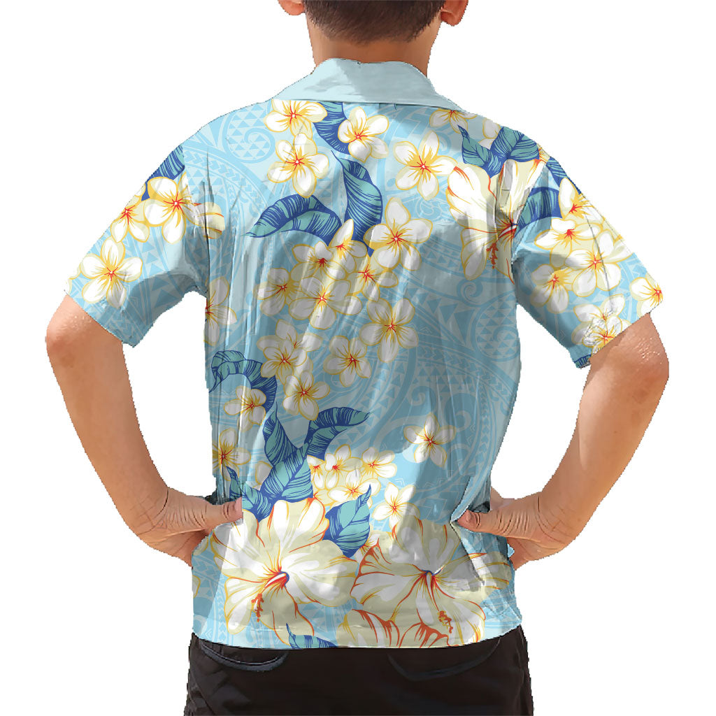 Hawaii Hibiscus Plumeria Blue Family Matching Long Sleeve Bodycon Dress and Hawaiian Shirt Polynesian Pattern