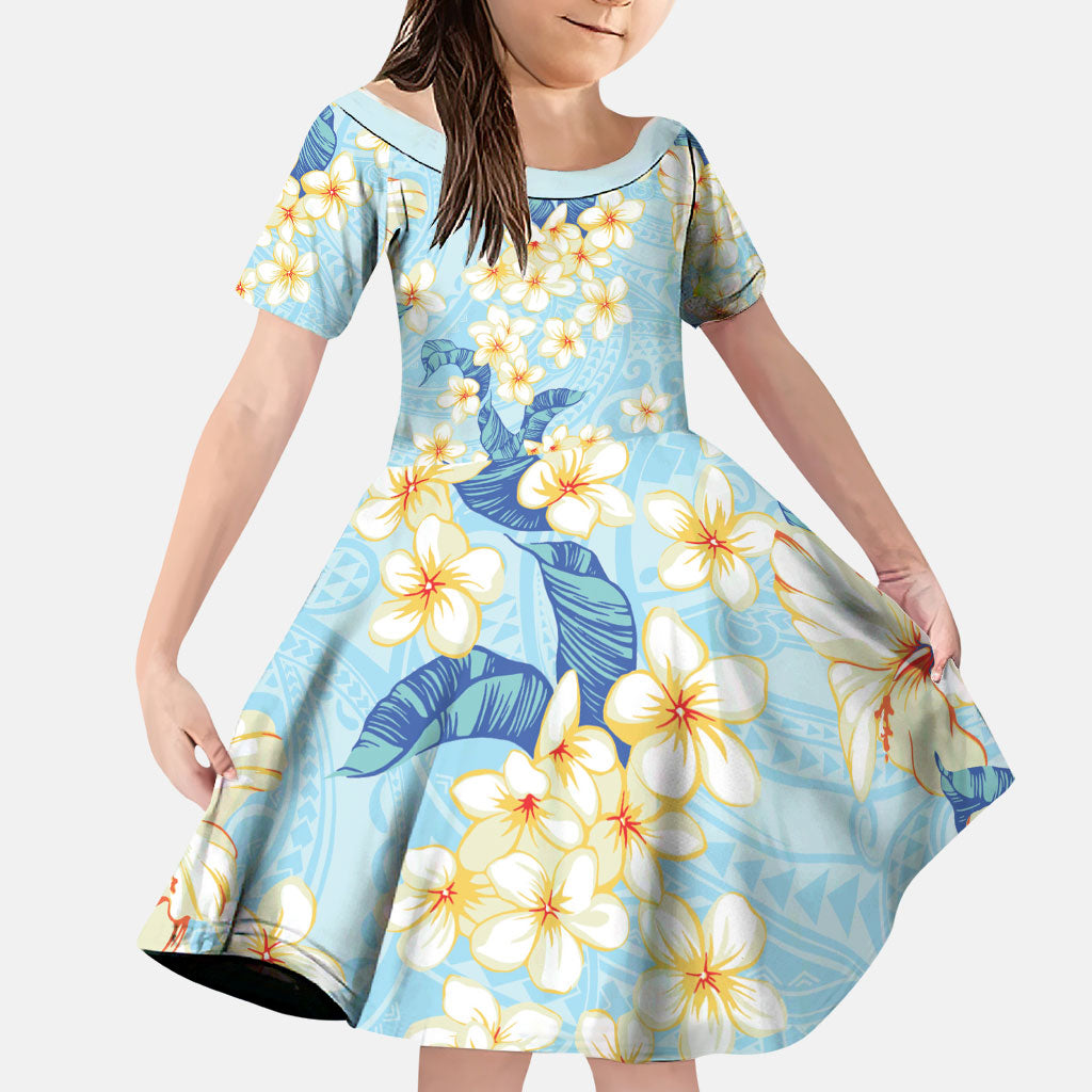 Hawaii Hibiscus Plumeria Blue Family Matching Long Sleeve Bodycon Dress and Hawaiian Shirt Polynesian Pattern