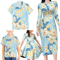 Hawaii Hibiscus Plumeria Blue Family Matching Long Sleeve Bodycon Dress and Hawaiian Shirt Polynesian Pattern