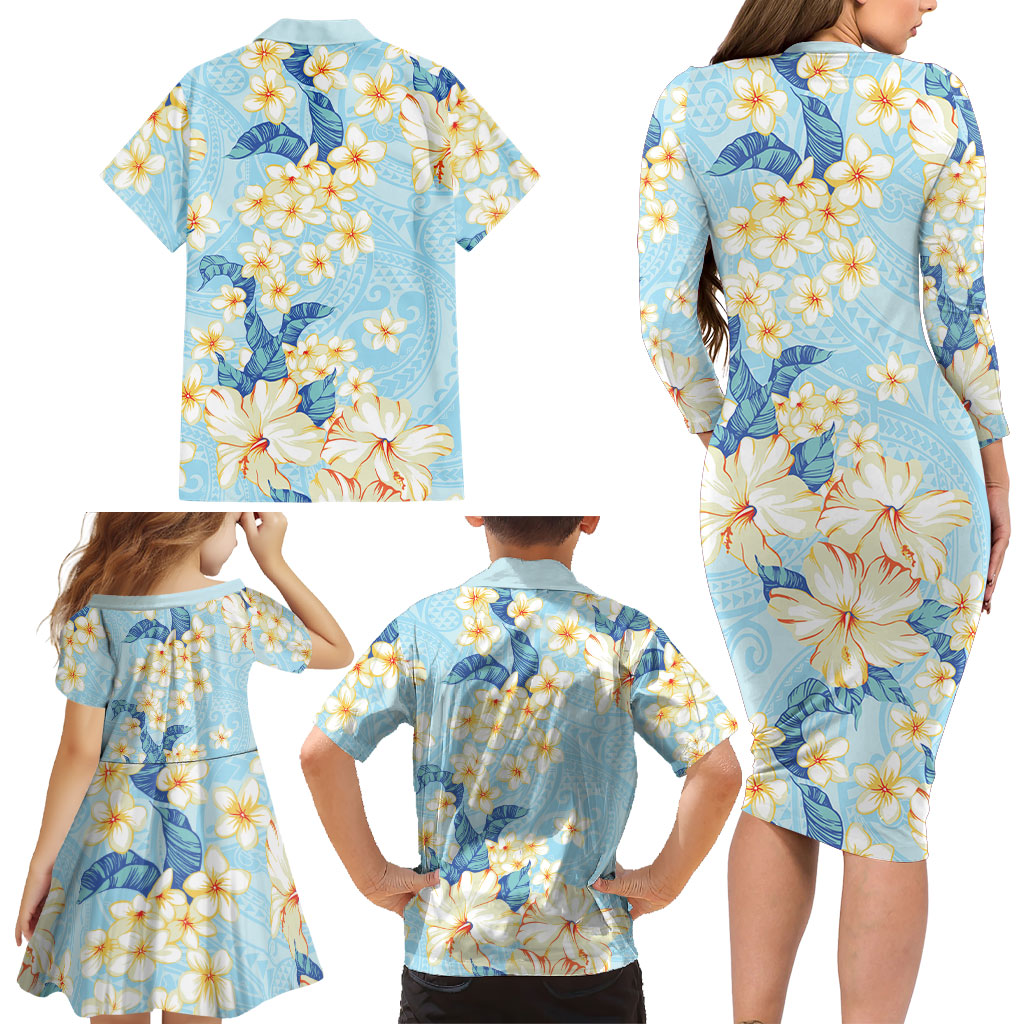 Hawaii Hibiscus Plumeria Blue Family Matching Long Sleeve Bodycon Dress and Hawaiian Shirt Polynesian Pattern