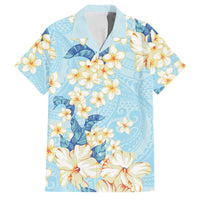 Hawaii Hibiscus Plumeria Blue Family Matching Long Sleeve Bodycon Dress and Hawaiian Shirt Polynesian Pattern