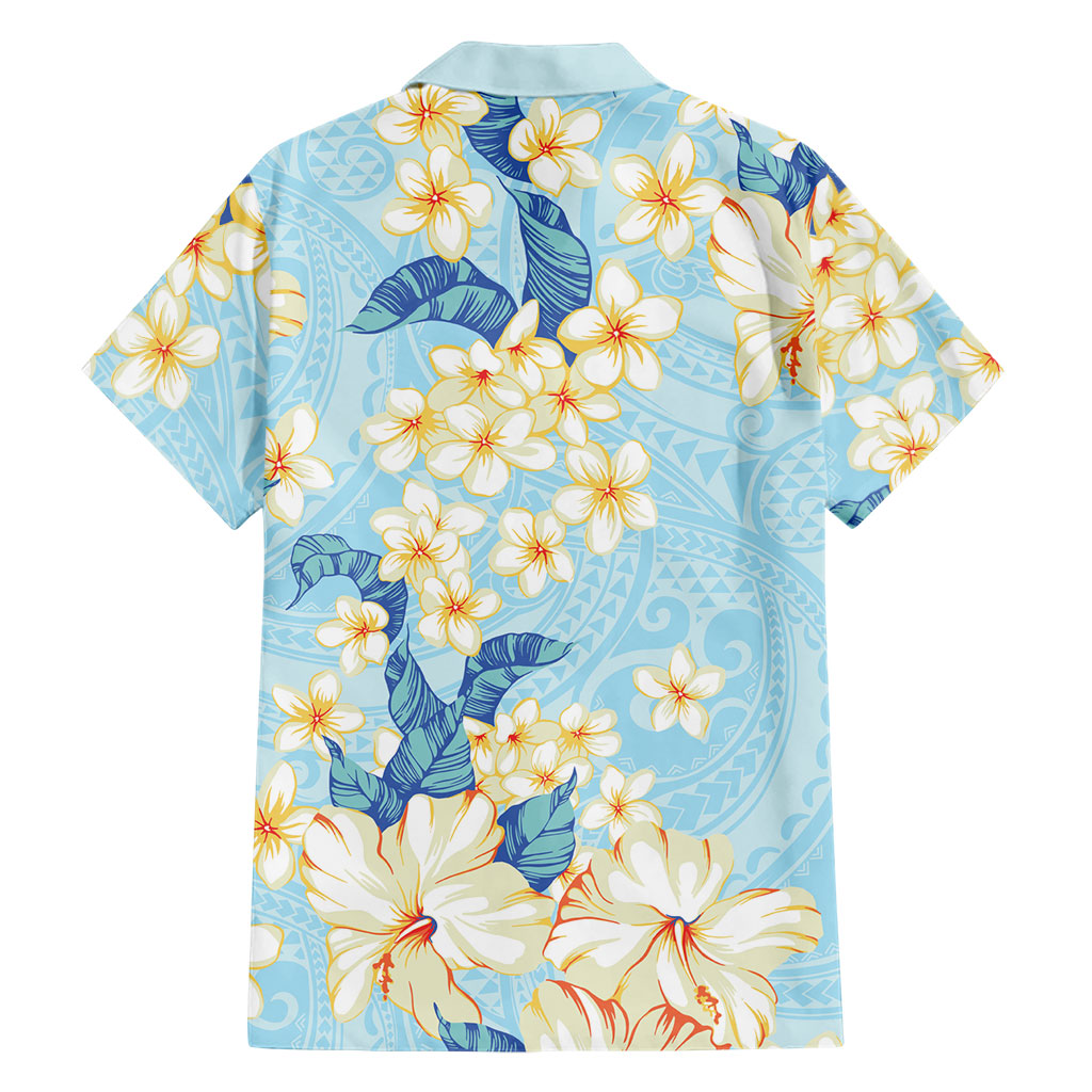 Hawaii Hibiscus Plumeria Blue Family Matching Long Sleeve Bodycon Dress and Hawaiian Shirt Polynesian Pattern