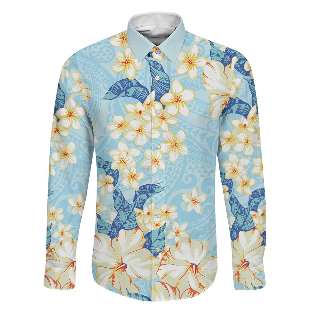 Hawaii Hibiscus Plumeria Blue Family Matching Long Sleeve Bodycon Dress and Hawaiian Shirt Polynesian Pattern