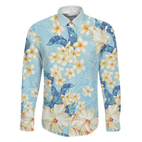 Hawaii Hibiscus Plumeria Blue Family Matching Long Sleeve Bodycon Dress and Hawaiian Shirt Polynesian Pattern