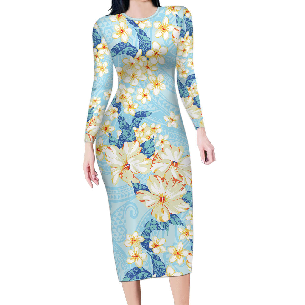 Hawaii Hibiscus Plumeria Blue Family Matching Long Sleeve Bodycon Dress and Hawaiian Shirt Polynesian Pattern