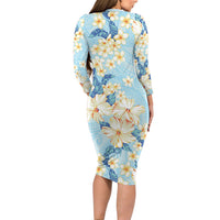 Hawaii Hibiscus Plumeria Blue Family Matching Long Sleeve Bodycon Dress and Hawaiian Shirt Polynesian Pattern
