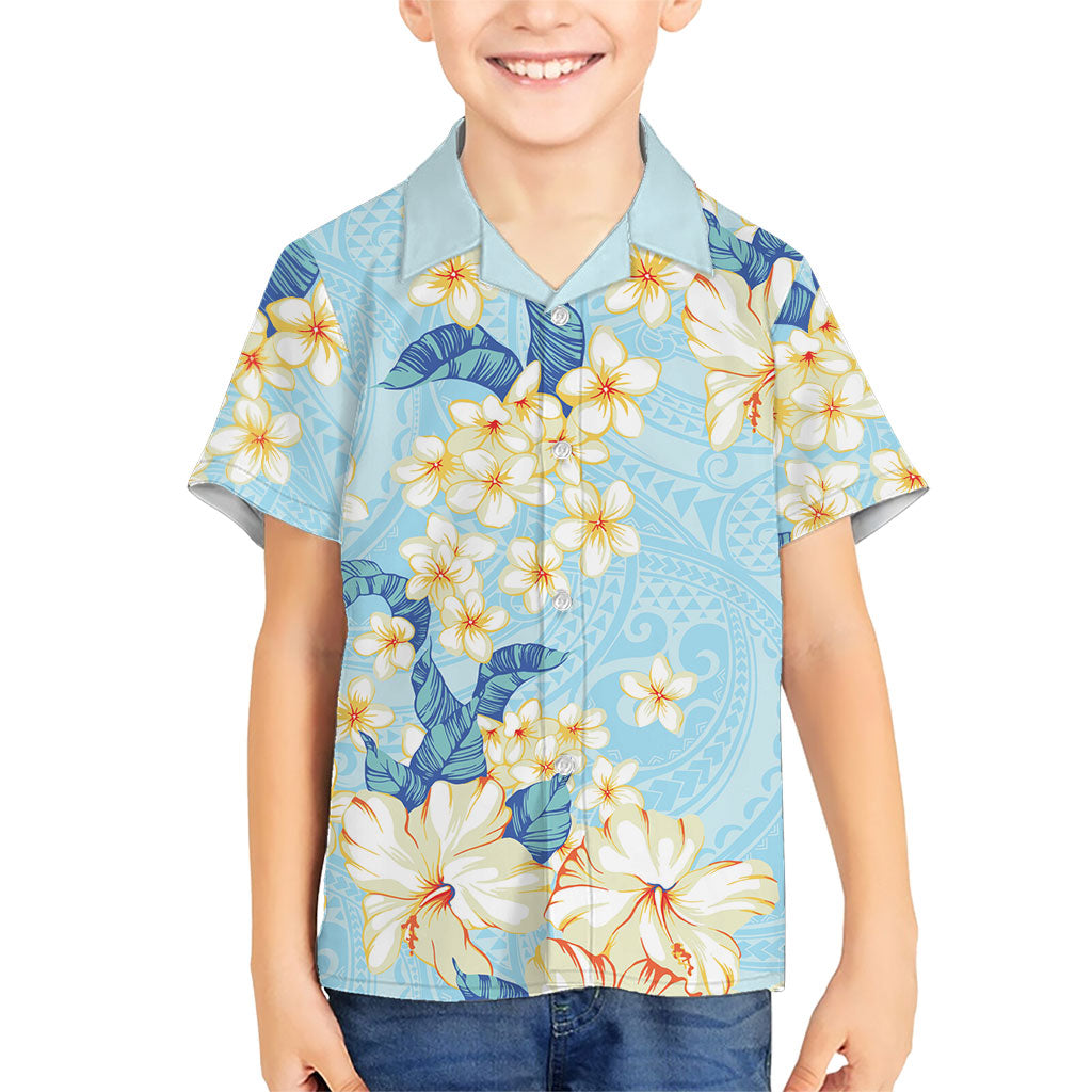 Hawaii Hibiscus Plumeria Blue Family Matching Long Sleeve Bodycon Dress and Hawaiian Shirt Polynesian Pattern