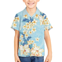 Hawaii Hibiscus Plumeria Blue Family Matching Long Sleeve Bodycon Dress and Hawaiian Shirt Polynesian Pattern