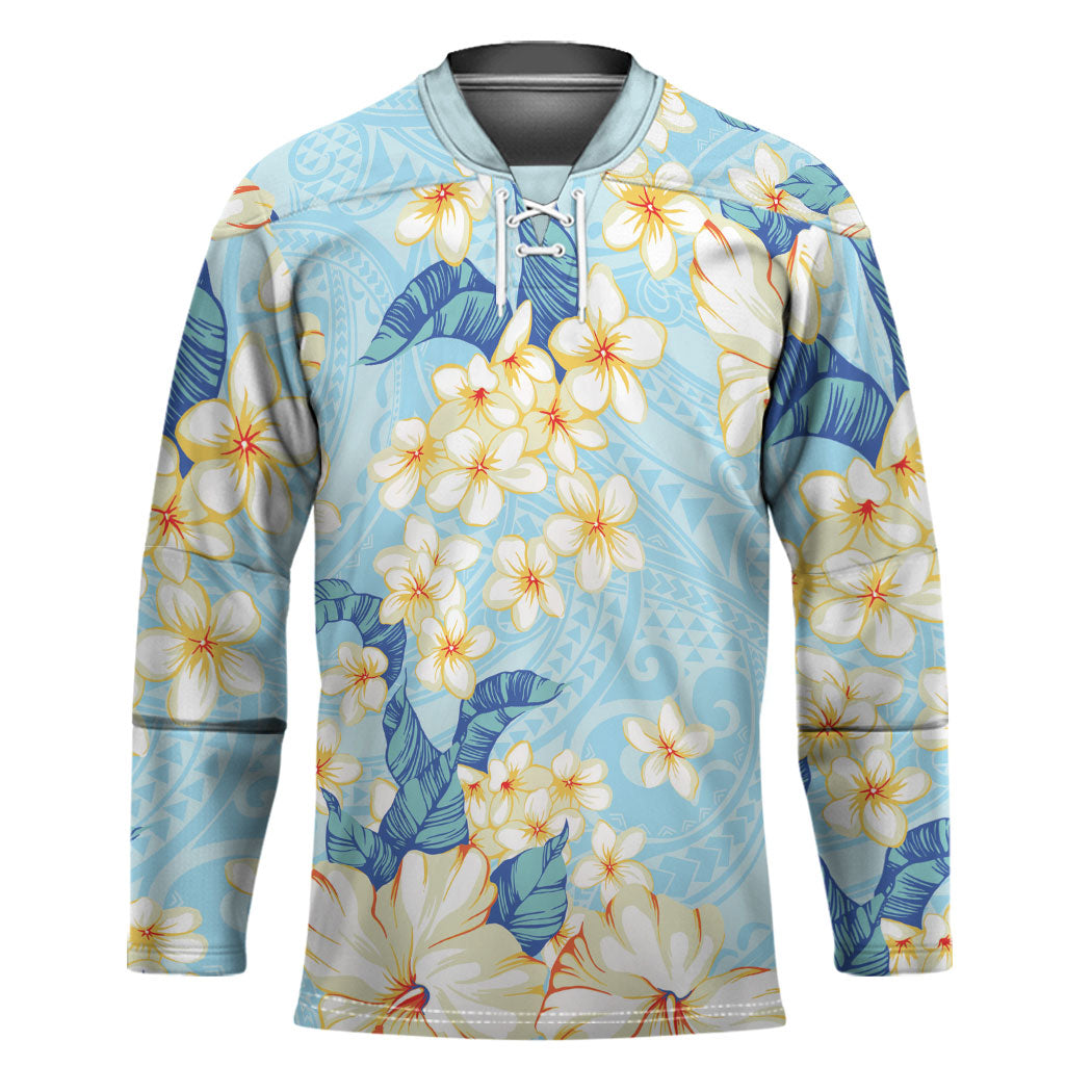 Hawaii Hibiscus Plumeria Blue Hockey Jersey Polynesian Pattern